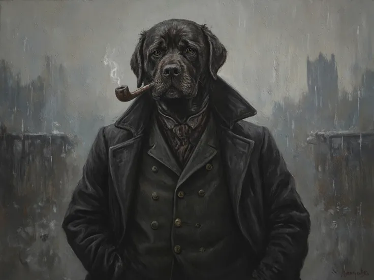 portrait oil painting of a dog in detective uniform, tobacco pipe in mouth and hand in pocket, grim color, light rain, outdoor, set in Victoria era