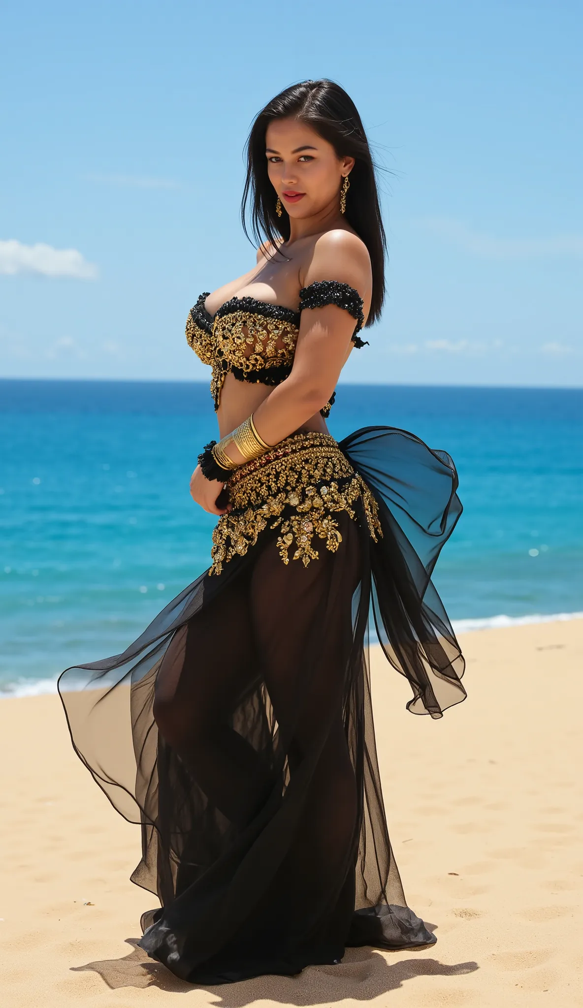 "A glamorous belly dancer standing tall on a sand dune , beautiful cleen face,red lips, beautiful eyes ,tight figure ,her flowing silks and veils caught in the wind. Her richly adorned sky dark black costume with intricate gold details shines against the b...