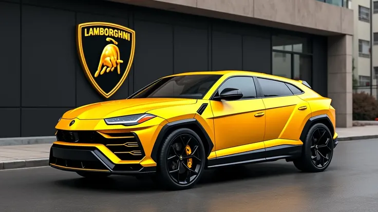 Generate a Realistic lamborghini urus 2025 its  just  front left side and right side views in with real yellow color and in  with background  big logo of Lamborghini real car 2025 original car with original color 