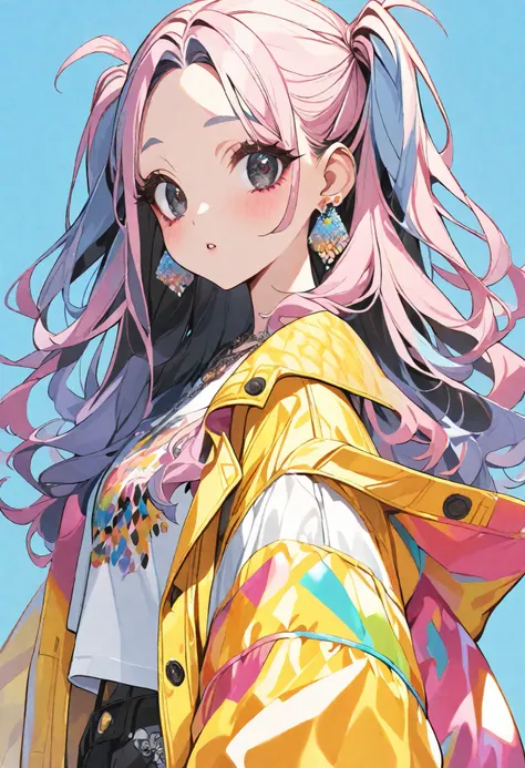  one girl、
Her hair color is pink and light blue 、 Princess Cut 、 two side up, 
Round eyes、My eyelashes are growing dry 、 black eyes、
Clothes are casual、yellow oversized jacket、Are you good at using flashy colors、 Accessories、Earrings、 necklace、
 high res,...