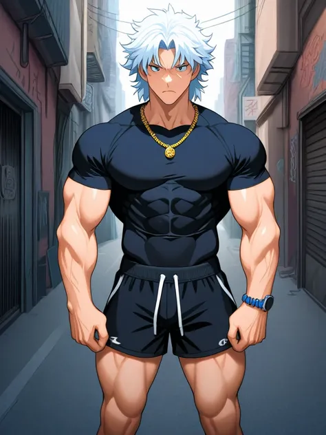 An anime-style male character with a muscular, well-defined body, standing confidently in a front-facing pose. His expression is serious yet charismatic, with short, stylishly messy hair and sharp, chiseled facial features. He is shirtless, showcasing his ...