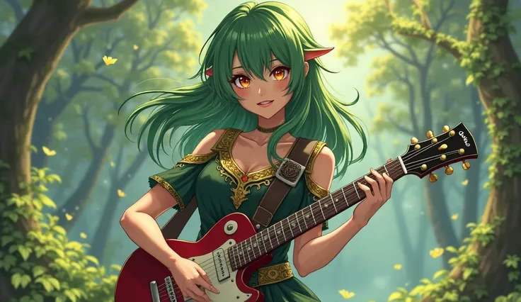  "4K anime style quality,  digital design mode ,  elemental fantasy themed female anime character  , Natural green hair , vibrant orange eyes,   wearing a dark green and gold tunic with intricate patterns, Playing rock guitar in a forest landscape,  radian...