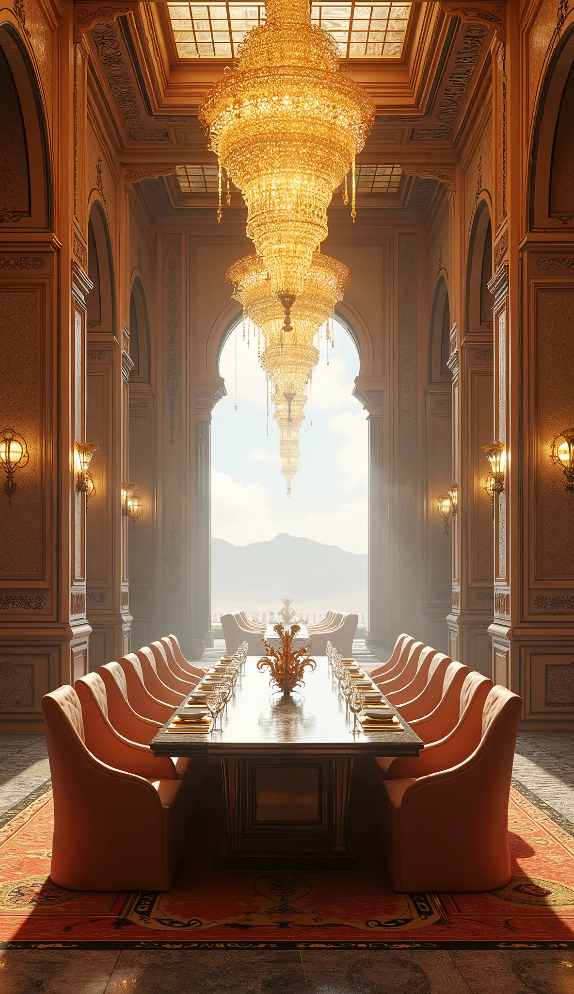  has a dining room with table and chairs and chandeliers, cgsociety 9,  future persian palace, cgsociety Unreal Engine, Redshift Houdini,  future.  game cg, Unreal Engine Cinema 4D, Glamorous cyberpunk decor , Surreal Symmetry 8k, Rene Lalique、Eddie Mendoz...