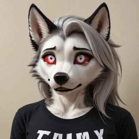 Furry art, breathtaking furry art, realistic furry, anthro white wolf, female wolf, black makeup, white eyes with red sclera, silver hairs, black ears, sensual, loona, claws,(pixelsketcher pikaflufftulf hioshiru artstyle), 75mm canon shot, ultra realistic,...