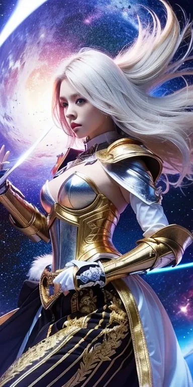  Gambler Lady 、 white shining armor with attention to detail, White helmet with attention to detail,  Large white sword with great attention to detail, Mysterious golden jewel in the armor, Space white hole background, White Reiki , White Neon Light 