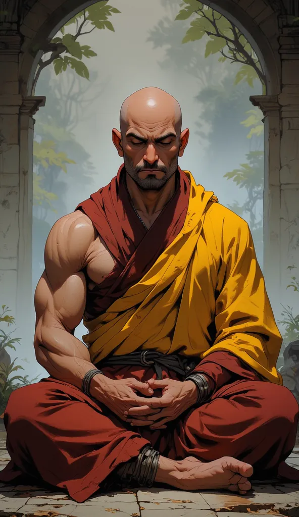 a handsome muscular asian monk. bald. yellow and maroon robe. meditating