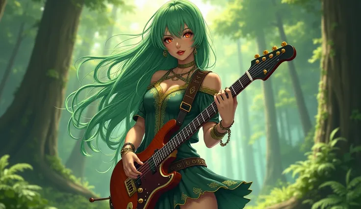  "4K anime style quality,  digital design mode ,  elemental fantasy themed female anime character  , Natural green hair , vibrant orange eyes,   wearing a dark green and gold tunic with intricate patterns, Standing suggestive pose , Playing powerful rock g...