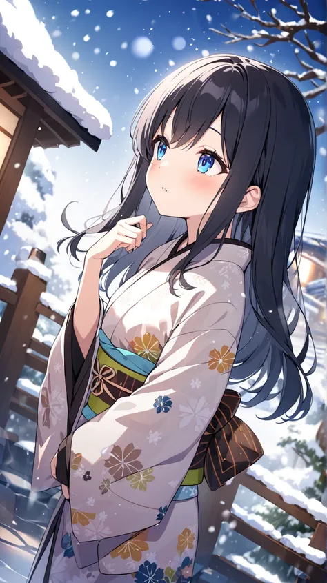 Falling snow、Snowfall、Thick Fog、 hot spring town、 1 girl,  blue eyes,  black hair、I need to close my eyes、 kimono、face looking up at the sky、The way hair flutters in the wind、 Dutch Angle,  lens flare,  blurred background, 