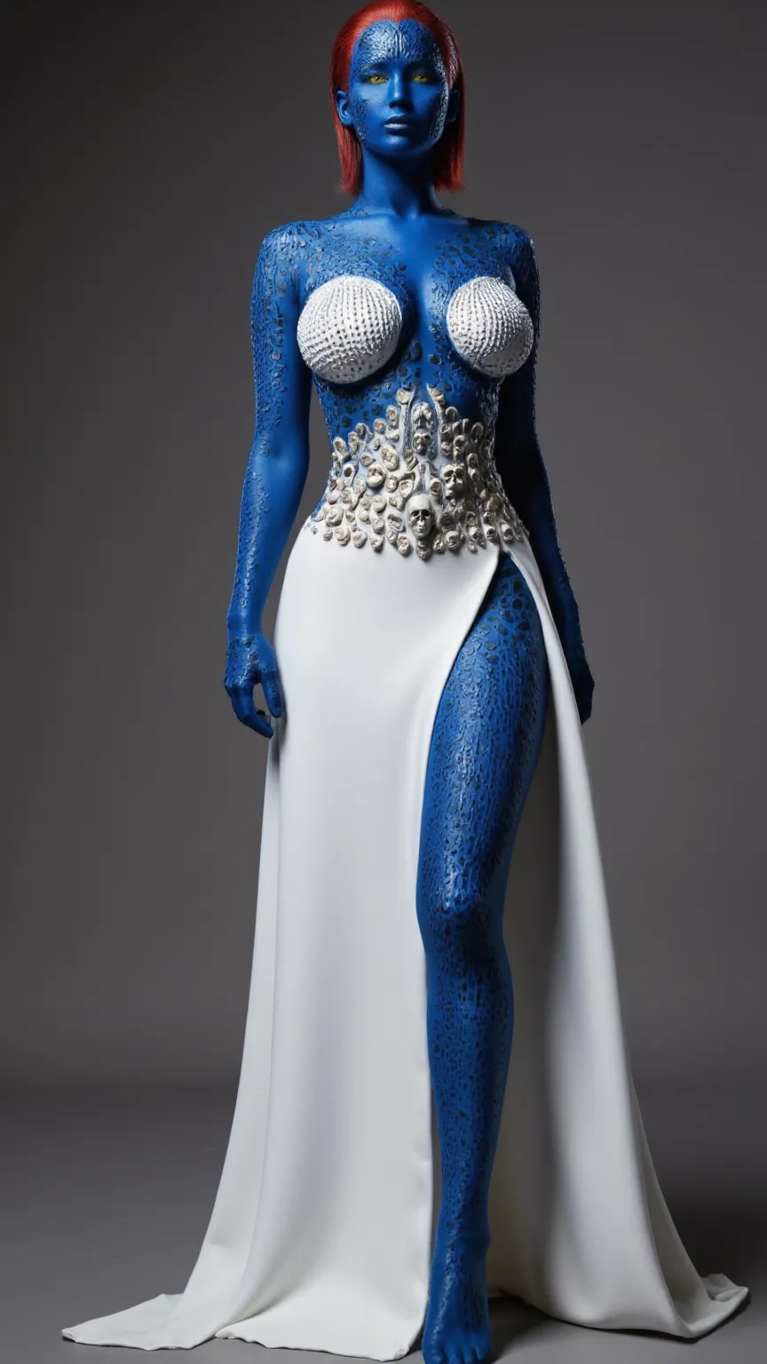 a mystic,  skin color blue , in a formal white dress, with a belt of many skulls,  slim ,  High resolution ,  best quality,  high detail,  slim  фигура,  in detail, HD model, 