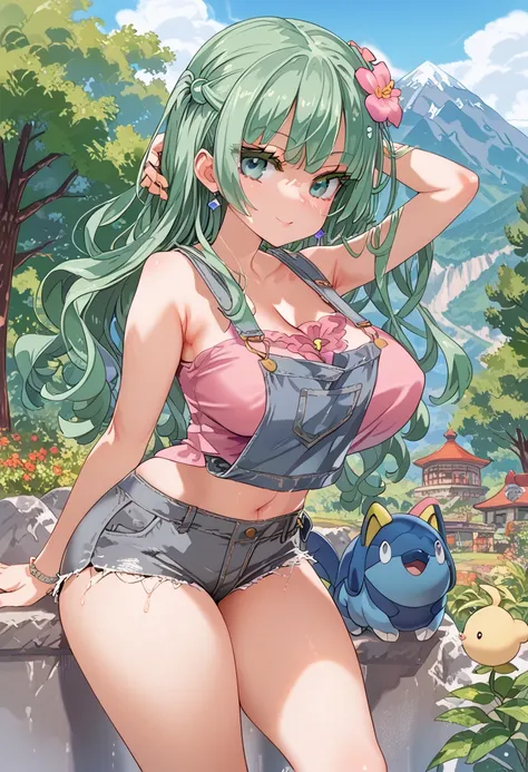  score_9,  score_8_up,  score_7_up,  source_Anime,   perfect quality ,  perfect anatomy,  masterpiece,  top quality,  masterpiece,  super detailed, (Big Breasts), (幅広い腰,  thighs,  curvaceous),  outdoors, tree, Mountain, plant,  ( Pokemon ),  green hair,  g...