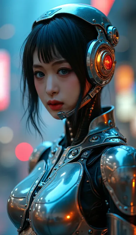 closeup,Future mechanical girl, shining metal ,Shining action,ethereal,Future Technology,Advanced artificial intelligence,Neon-lit cityscape,Metal exoskeleton,Highly detailed facial features,Glowing eyes,Crafted synthetic skin,Luxury futuristic fashion,Sus...