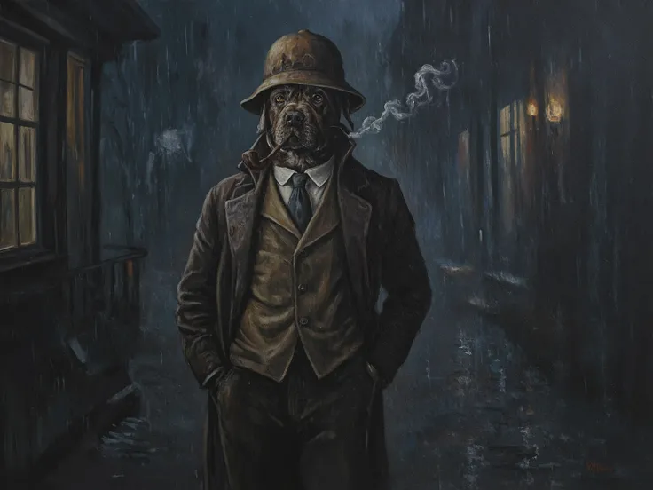 portrait oil painting of a dog in detective uniform, tobacco pipe in mouth and hand in pocket, grim color, vivid background, light rain, outdoor, set in Victoria era