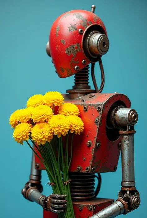 Create a minimalist studio photograph of an android holding a bouquet of yellow flowers. The android's head and torso are made of red-painted metal blocks, with the paint heavily worn and rusted, giving it a weathered appearance. Its arms are crafted from ...