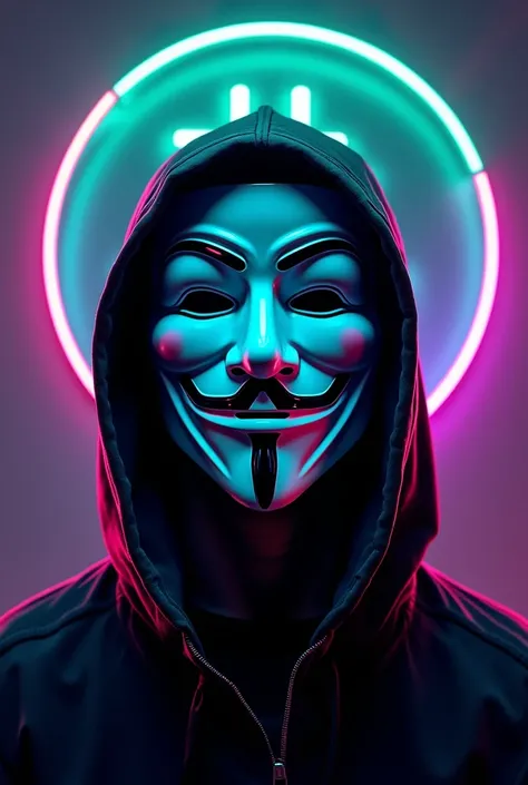 I want to create a clear image of the anonymous mask with a neon background forming a bitcoin symbol