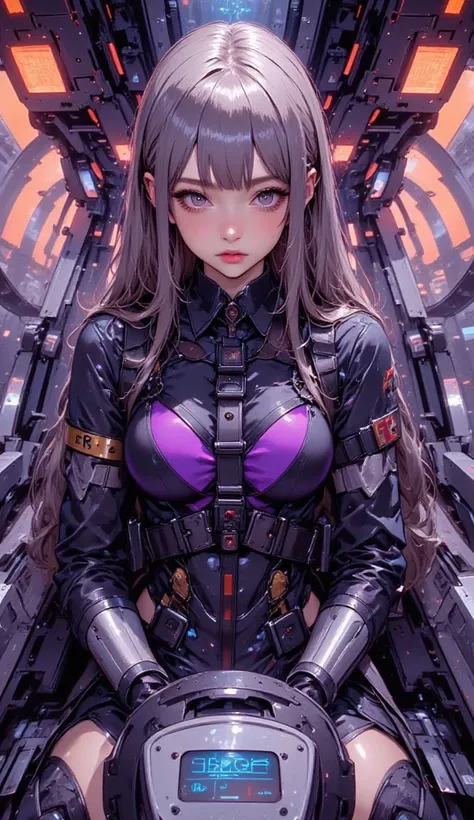 a beautiful woman is sitting on a cockpit, piloting a robot mecha, grayish hair with bangs, pale brown eyes, robotic gloves controller, intricate cockpit interior, complex texture, sexy black and purple pilot outfit, big breasts, toned skin, sci-fi, symmet...