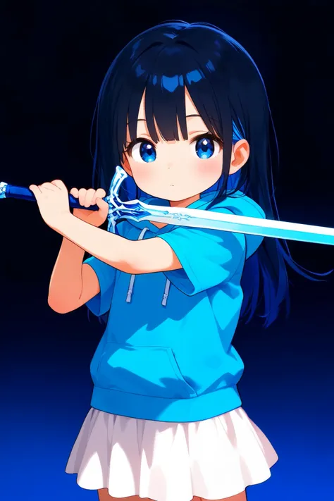 Anime, cute, 2d, girl, long black hair, blue back hair, blue cute eyes, blue zip hoodie around his shoulders and arms, white skirt, holding blue sword, black blue background, Teenager, cute pose