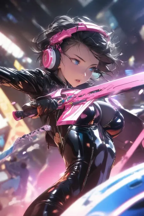 (  top quality,   masterpiece,   very accurate,   high res),    beautiful 8K computer graphic art ,    perfect configuration ，   dynamic composition  ，  Her breasts are so soft， blue eyes，   black hair，， headphones    ， the details on the face are clear ，I...