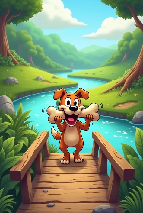 Cartoon a hungry dog found a big bone. 
He was very happy and carried it in his mouth. 
He wanted to take it home and eat it.
On the way, he came to a river. 
There was a small wooden bridge. 