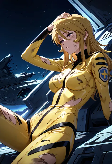 (masterpiece, best quality), , 1girl, fyuk1, solo, mori yuki, blonde hair, purple eyes, half-closed eyes, long hair, yellow_bodysuit, torn, dirty, a troubled face, parted lips, leaning back, looking away, hand on own head, broken spacecraft, , night, da...