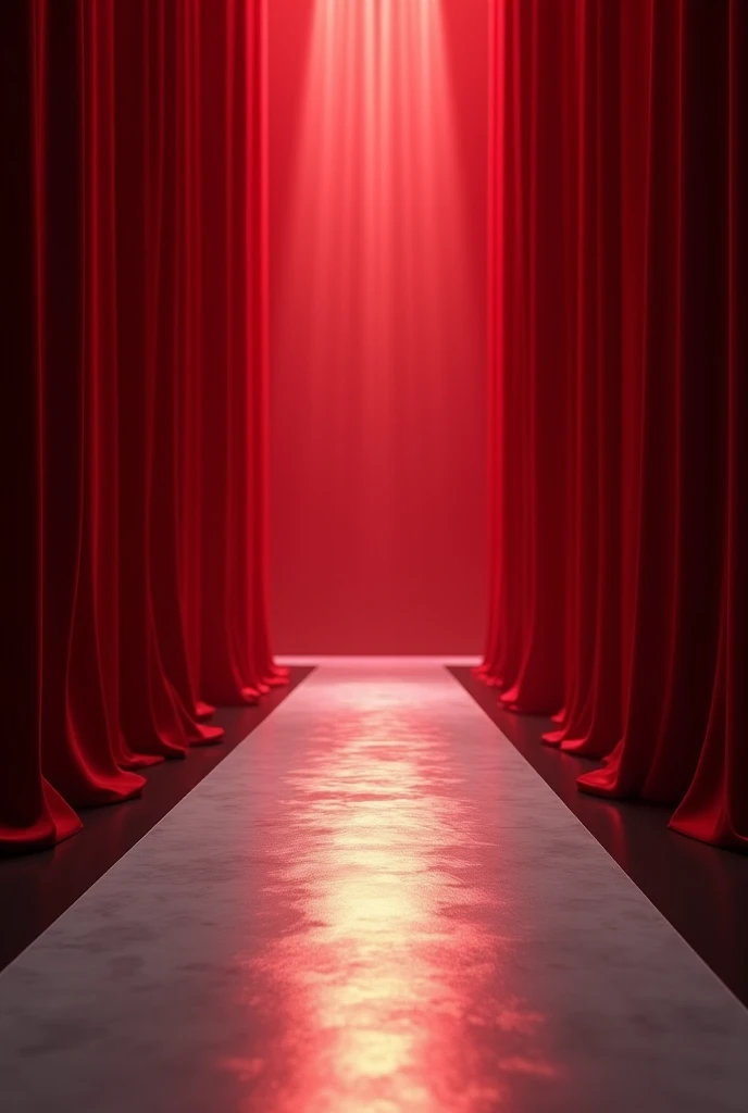 A fashion show runway, but without any people ,  team with red curtains 