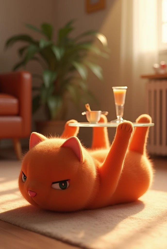  A table in the form of a cute red cat , lying on his back on the floor ,  holds a glass base with its paws