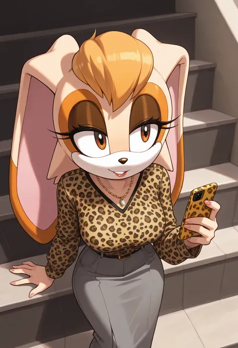 Vanilla The Rabbit, a woman in leopard print shirt on the stairs holding a cellphone, leopard print, solo, jewelry, necklace, 1girl, animal print, blonde hair