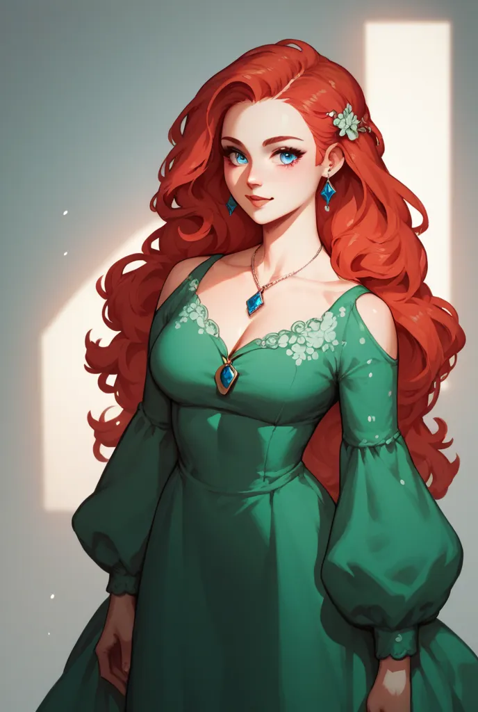  Girl, 18 years old,  red long hair, pale skin,  Blue eyes,  in full height, green dress,  round pendant