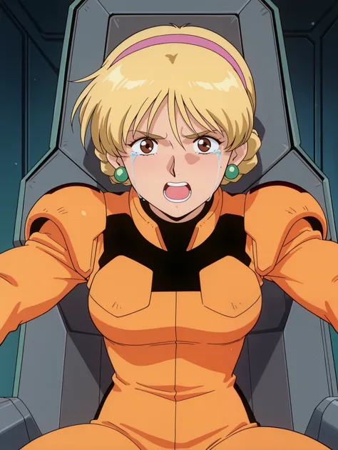 masterpiece, best quality, newest, absurdres, highres, detailed eyes, beautiful, detailed background, perfect eyes, anime coloring, anime screencap, 1990s \(style\), 1girl , Alone, KATEJINA'S STORY. blonde hair, short hair, single bun, french braid, pin...