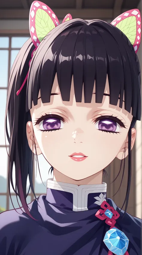 (UHD, retina, masterpiece, accurate, anatomically correct, super detail, high details,  highres, 1080P, 16k、high detail RAW color art:1.3)、 (Tsuyuri Kanao:1.3)、 side　Ponyterre、dark hair、purple eyes、(Shiny skin:1.3)