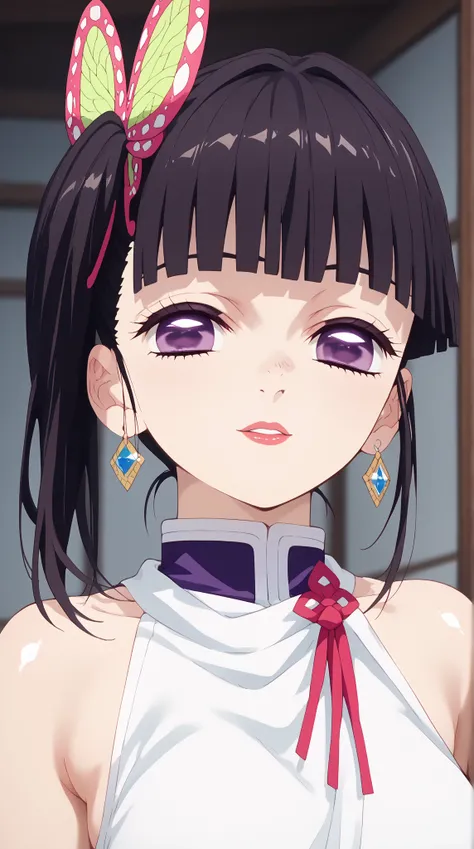 (UHD, retina, masterpiece, accurate, anatomically correct, super detail, high details,  highres, 1080P, 16k、high detail RAW color art:1.3)、 (Tsuyuri Kanao:1.3)、 side　Ponyterre、dark hair、purple eyes、(Shiny skin:1.3)