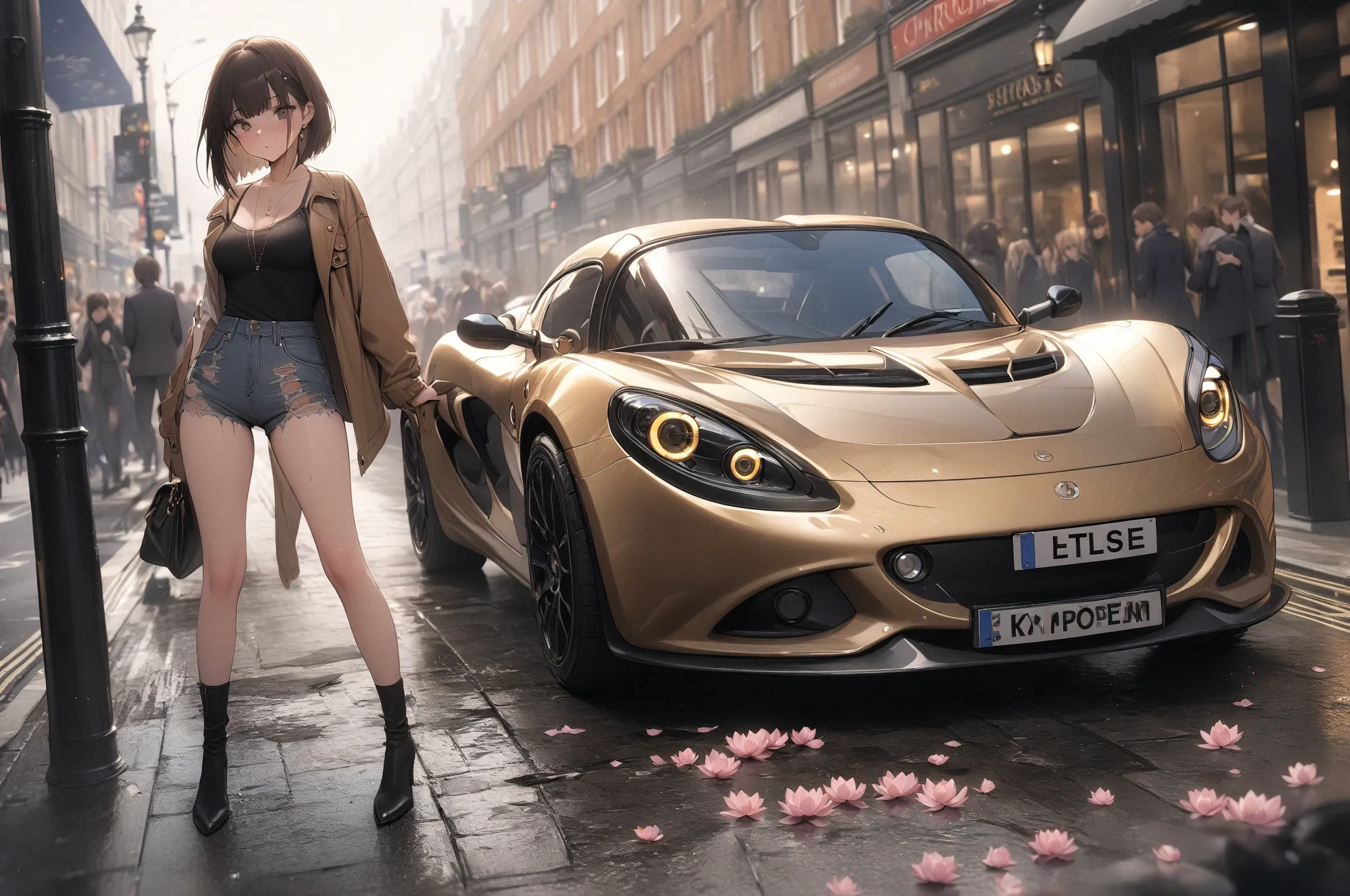 (masterpiece, detailed:1.2), One Girl, (18-years old), brown long Bob Cut, Medium Breasts, Tattered denim, BREAK, Highest quality, in London, BREAK, standing next to Lotus Elise