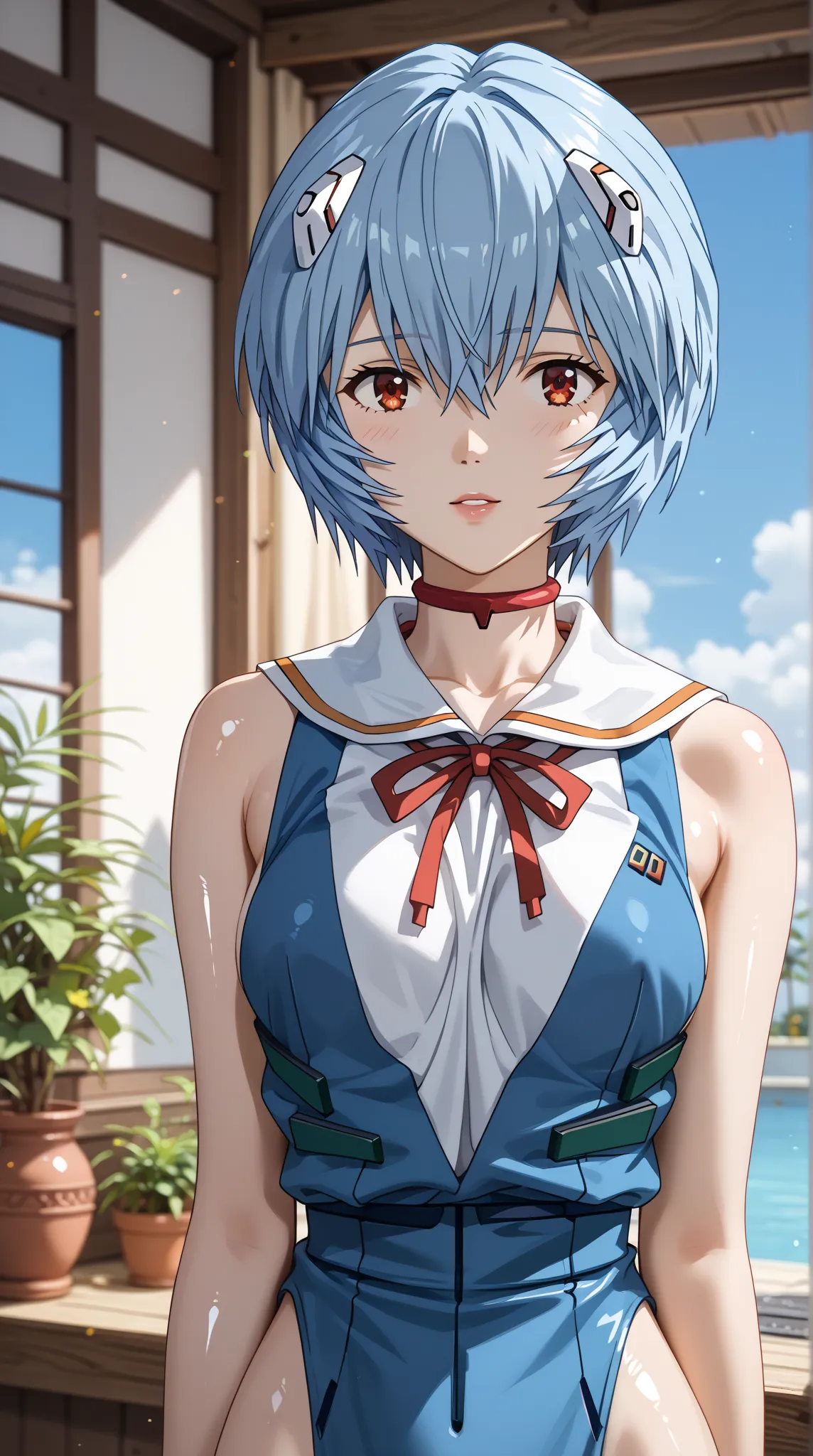 (UHD, retina, masterpiece, accurate, anatomically correct, super detail, high details,  highres, 1080P, 16k、high detail RAW color art:1.3)、 (Ayanami Rei:1.3)、short hair、light blue hair、(Shiny skin:1.3)