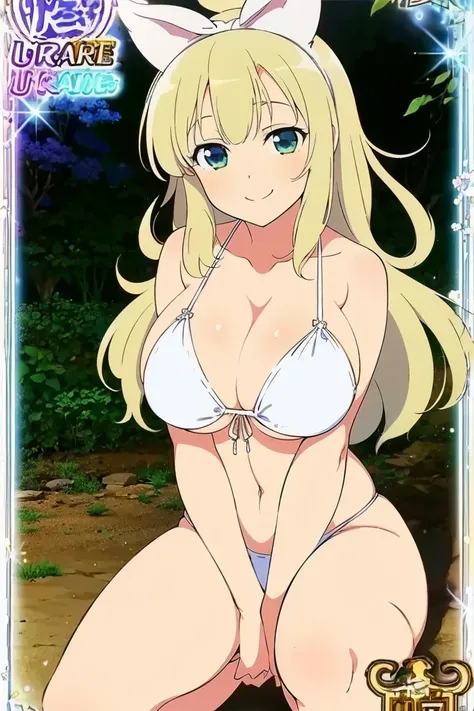  Senran Kagura,( Masterpiece),( top quality),(ultra detailed),(  highres),2D, anime, (  Anime art), lineart , watercolor,loli,(1 girl),smile, (mega breasts:1.6),(swim suit),( white bikini),(crouching:1.6)