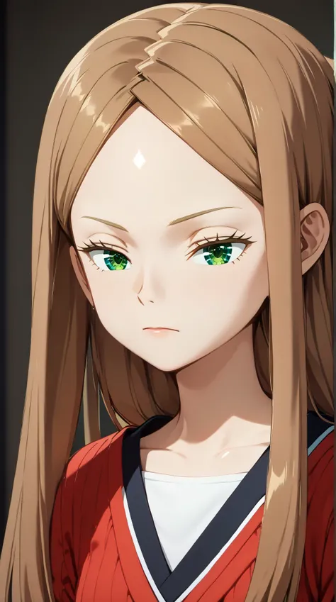 (UHD, retina, masterpiece, accurate, anatomically correct, super detail, high details,  highres, 1080P, 16k、high detail RAW color art:1.3)、(Kirie Konami ai:1.3)、(brown hair,long hair,forehead、green eyes:1.5)、(Shiny skin:1.3)