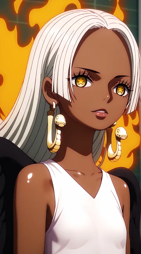 (UHD, retina, masterpiece, accurate, anatomically correct, super detail, high details,  highres, 1080P, 16k、high detail RAW color art:1.3)、(s-snake:1.3)、(Long Hair, white hair, Brown Skin、, earrings for a woman alone, Yellow Eyes, symbol-shaped pupils, bla...