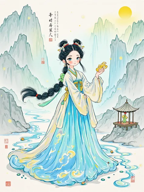  Yeoniu Choi's healing stick figure style ,  1girl ,  A long scroll of Chinese landscape ，There is a pavilion in the painting、Mountain Spring 、Bird，An ancient Chinese beauty， Wearing a white gauze skirt， with gorgeous ornaments on the head ， Her whole body...