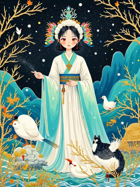  Yeoniu Choi's healing stick figure style ,  1girl ,  A long scroll of Chinese landscape ，There is a pavilion in the painting、Mountain Spring 、Bird，A beautiful woman from ancient China， Wearing a white gauze skirt， with gorgeous ornaments on the head ， Her...