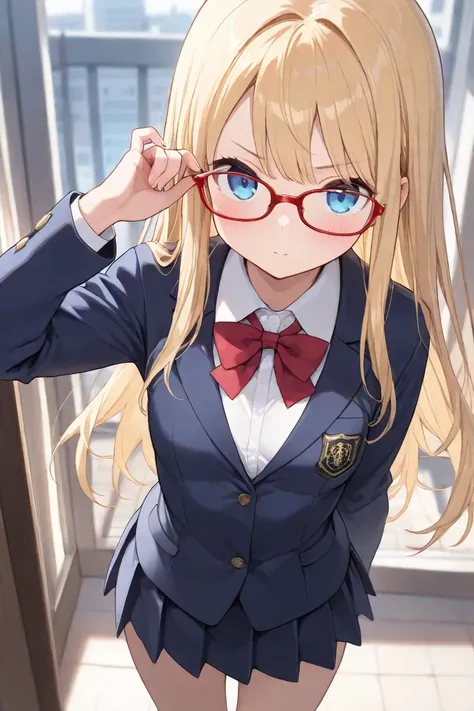 ( masterpiece,  top quality,  highly detailed ) (Blonde, long hair, blue eyes, red glasses, , girl with small breasts)  blazer skirt