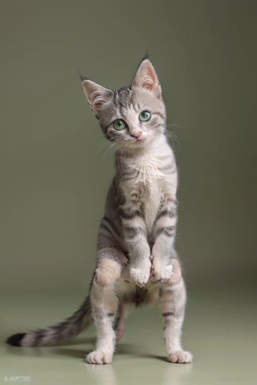 A gray kitten with large expressive eyes stands upright like a human with its front legs raised as if ready to play or against a natural green background that is fuzzy the kitten has a playful and rather unique experience