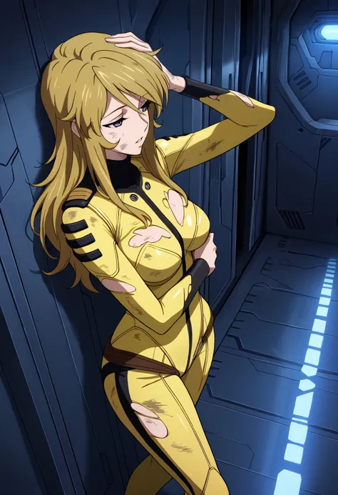 (masterpiece, best quality), , 1girl, fyuk1, solo, mori yuki, blonde hair, purple eyes, half-closed eyes, long hair, yellow_bodysuit, torn, dirty, a troubled face, parted lips, leaning back, looking away, hand on own head, broken spacecraft, corridor, ...