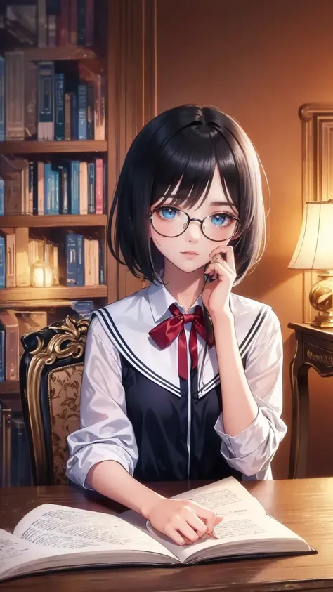 ( masterpiece), ( top quality), (( very well detailed)), ( Very Delicate), ( young girl),****************,  Ash with short hair .  Soft ,  shiny hair.  Clear, somehow sad eyes , Long bangs covering the eyes.  wearing glasses to avoid glances ., Pretty sail...