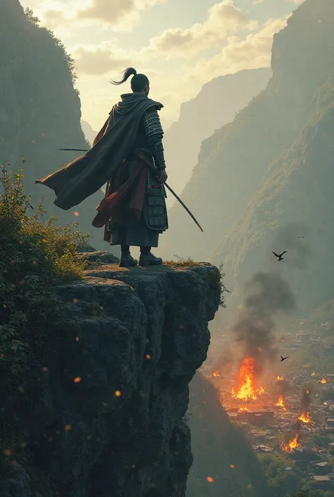 Alone samurai stands on cliff, gazing at a burning village bellow 