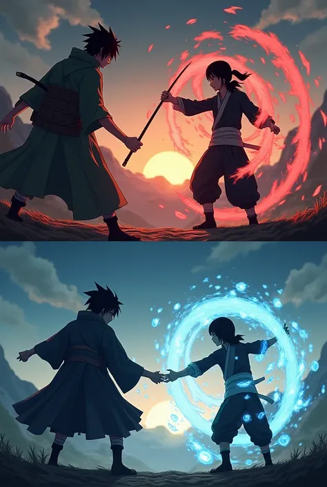 . The first half of the picture shows Sasuke directing Chidori towards Kawaki, while the latter repels her using his karma craft.

. The second half shows Sasuke using ringan in an imaginary scene, as if  "What if? "This makes the audience imagine the alte...