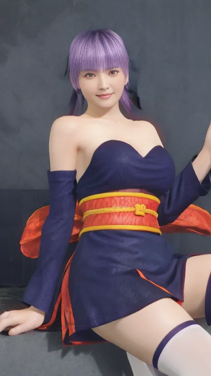 Ayane　 cosplay，  Red Eye,  purple hair,  SHORT HAIR,  Detachable Sleeves ,  kimono,  purple knee socks ,  miniskirt,   eyeshadow， red lipstick， stylish， excellent style，smile， sexy pose， soft big breasts， short twin tail，bamboo forest， crouch，Sitting on th...