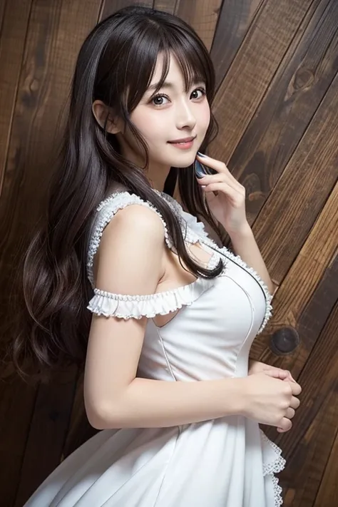  Realistic Photo Quality 、青と白の dressと黒い手袋をはめた女性がいます,  Anime Girl Cosplay ,  Anime Cosplay ,  Cosplay Photo,   Professional Cosplay , costume with line art blue accents ,   Elegant Glamorous Cosplay , Maid! dress、 looking at camera、Detailed and beautiful ey...