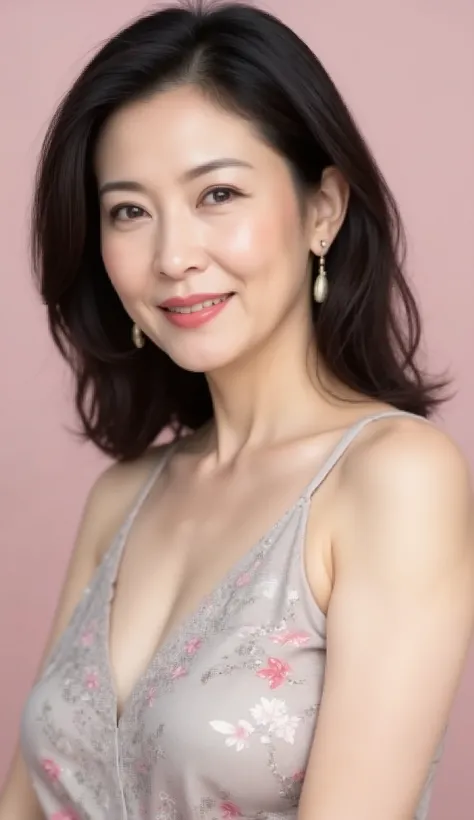"An elegant middle-aged Japanese woman wearing a jacquard camisole with cherry blossom motifs, featuring a soft pink and light gray design. She has wavy hair, fine laugh lines, and a seductive smile. Her makeup highlights her beauty with lipstick (1.1), ey...