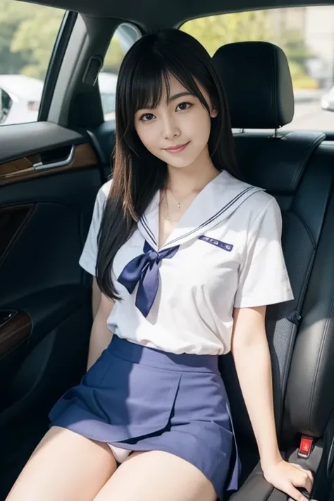  Japanese woman like an idol , long hair ,  straight hair , round face , Bust Up ,  sailor suit ,  as pictured ,   high school 、 sitting in the back seat of a luxury car、 Spread Her Legs Wide 、 white underwear、 I want to see my whole body 、A refreshing smi...