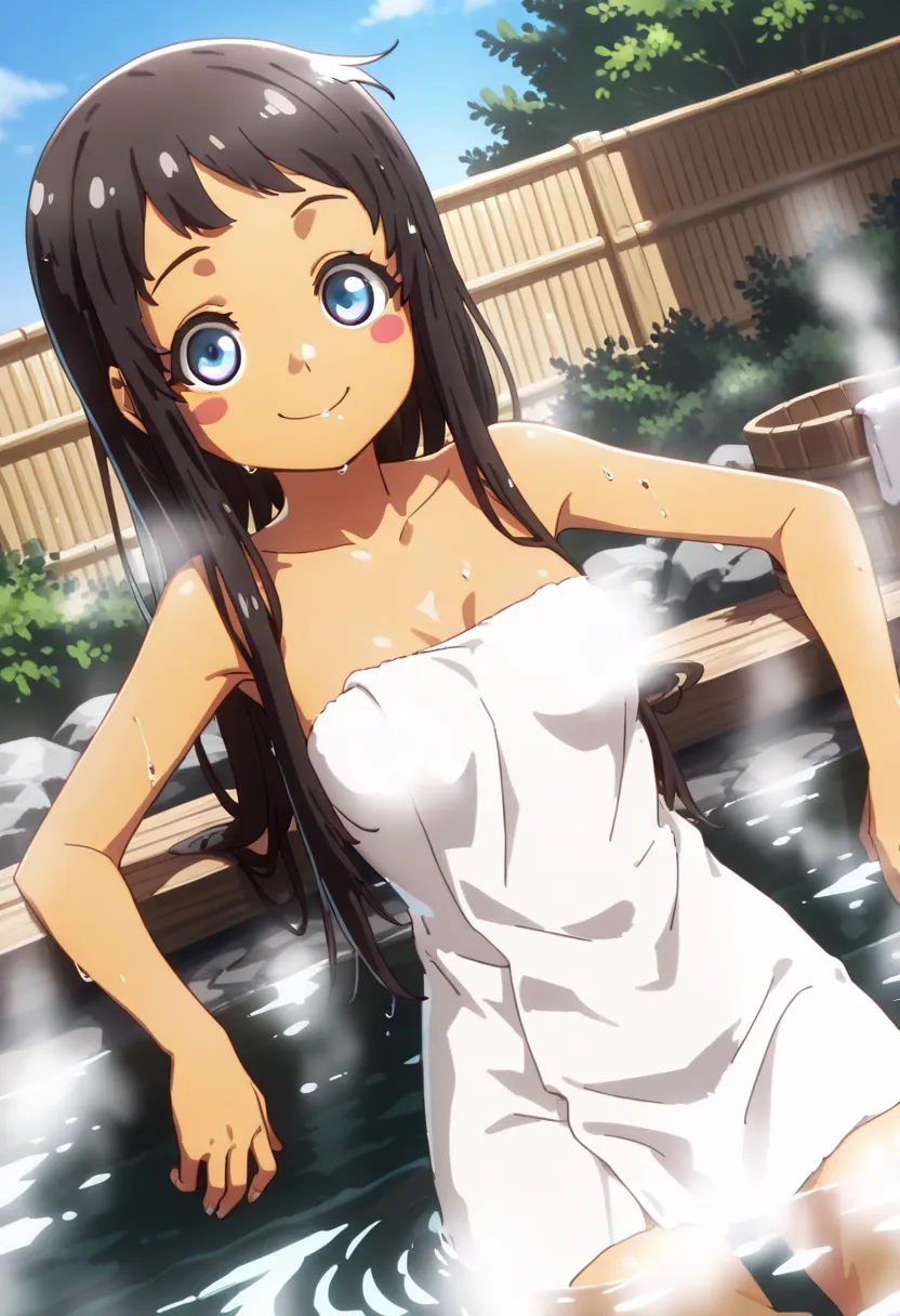 zzHinaKyan, , blue eyes, long hair, black hair, dark skin, dark-skinned female, blush stickers,,, , outdoors, onsen, towel, , steam, bathing, , partially submerged, water, bath, steam censor, looking at viewer, cowboy shot, dutch angle, solo, , smile, dyna...