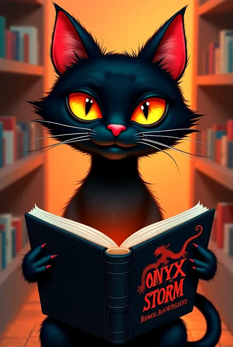 Generate a black and orange feminine cat with fixed polished pink nails smiling with tears in her eyes reading a black-cover novel with black dragon on the cover And the title of the book should boldly be written as ONYX STORM. Make the cat look real and p...