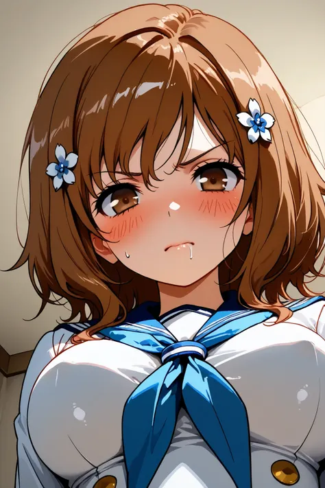 ohana_matsumae,1 female,solo,
short hair,brown hair,hair ornament,
brown eyes,flower,hair flower,
stupid hair,long hair,
pretty,large breast,nipple,
looking at viewer,dutch angle,
blush,sweat,drool,white breath,
Incontinence,ecstasy,orgasm,climax,
feeling...